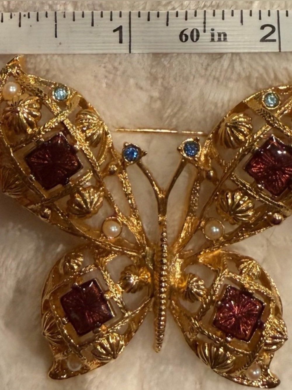 Avon Gold Tone Butterfly Brooch with Red Green Blue Faux Pearl Accents - Picture 2 of 6
